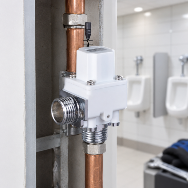 Sensor-controlled solenoid valve urinal fitting mounted on a restroom water pipe.
