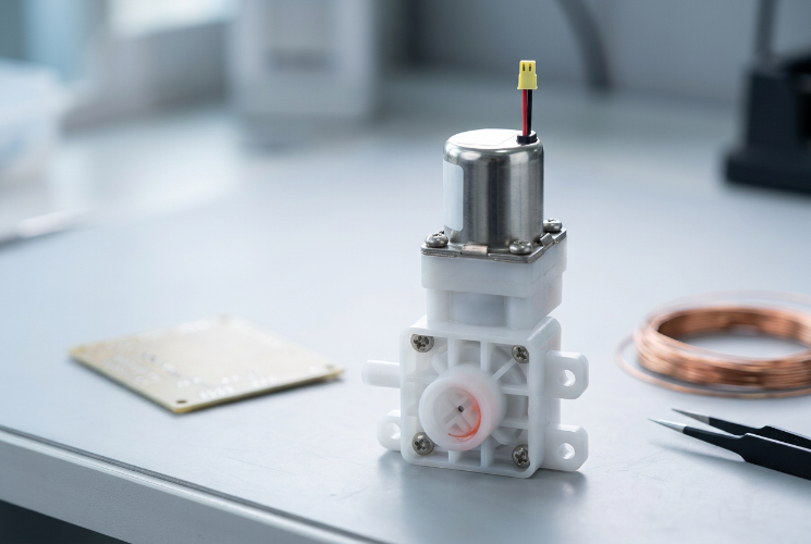 Compact Solenoid Valve for Toilet with a steel coil, yellow connector and white plastic body on a lab bench beside a circuit board, copper wire and tweezers.