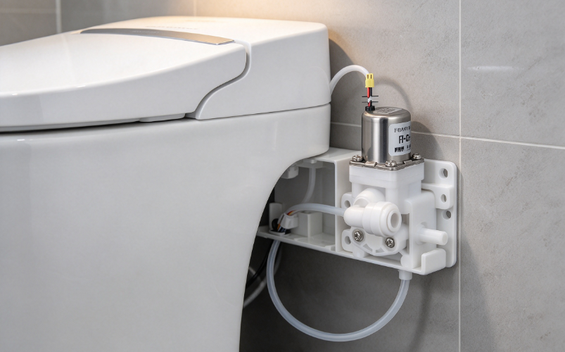 Smart toilet internal water system showing inlet valve position, solenoid valve and inlet valve comparison in bathroom fixture.